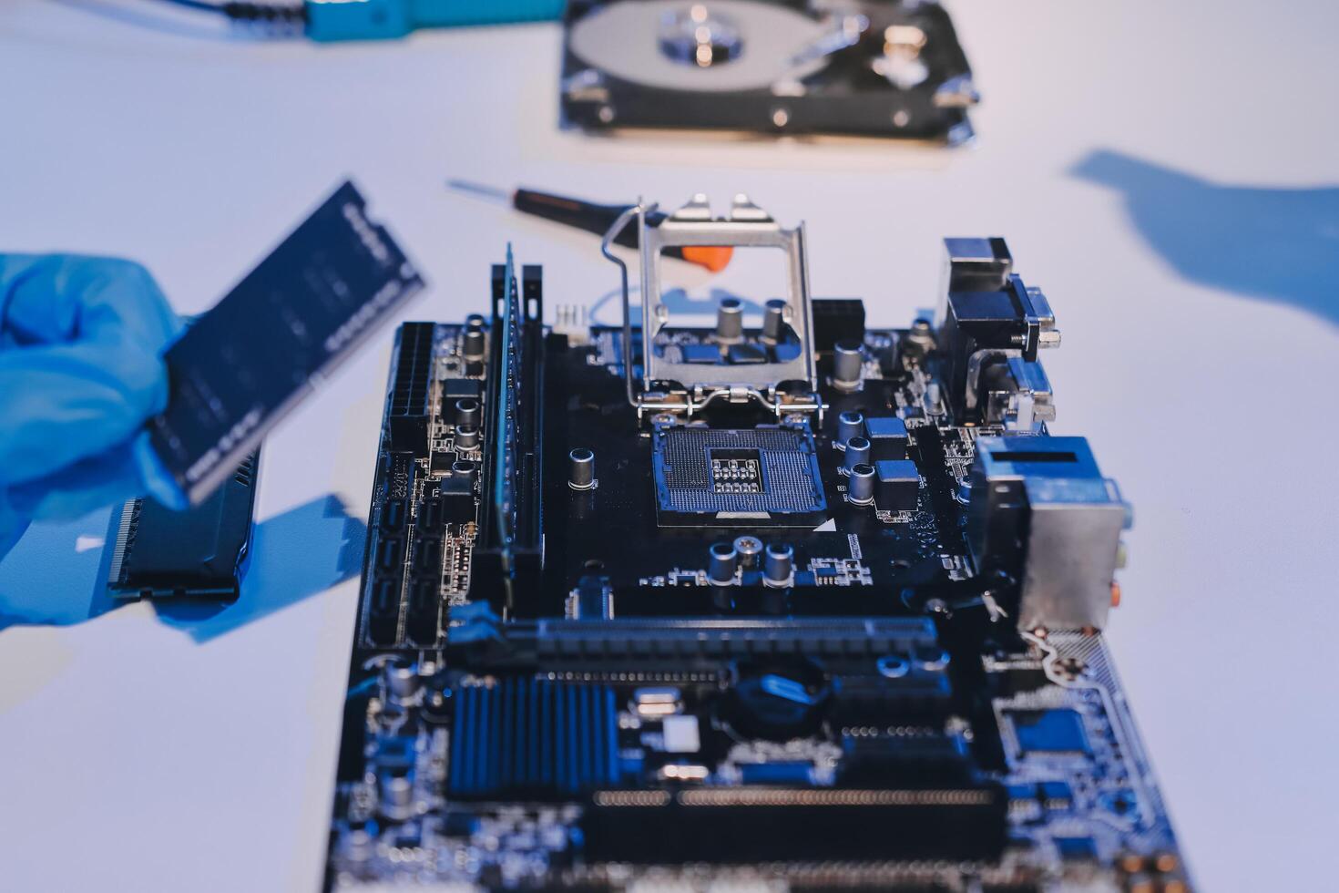 Electronics technician, electronic engineering electronic repair, electronics measuring and testing, repair and maintenance concepts. photo