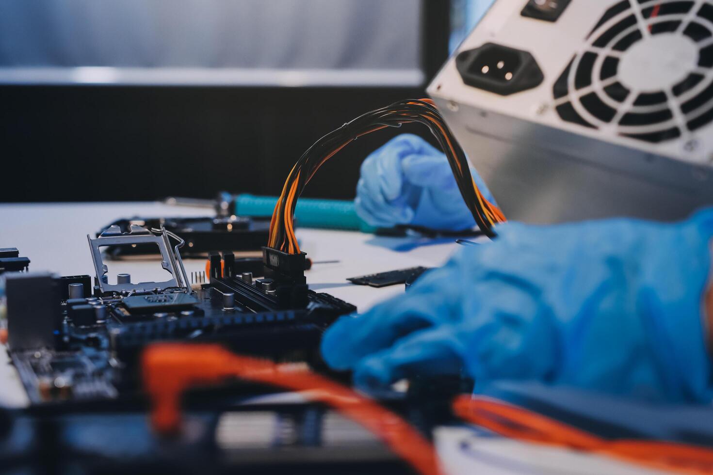 Electronics technician, electronic engineering electronic repair, electronics measuring and testing, repair and maintenance concepts. photo