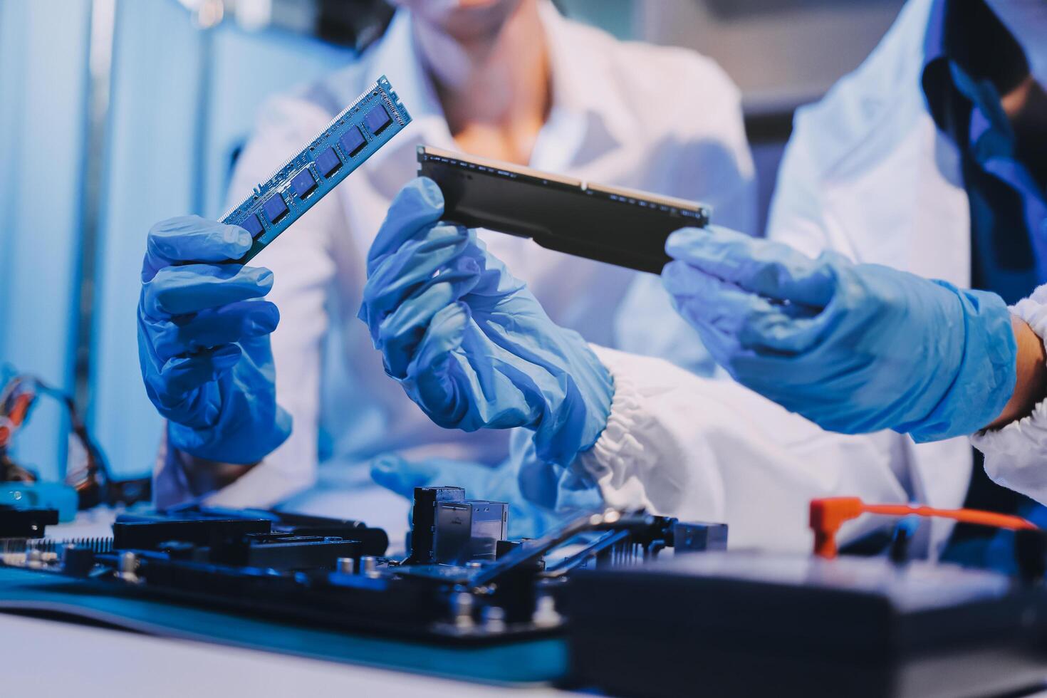 Electronics technician, electronic engineering electronic repair, electronics measuring and testing, repair and maintenance concepts. photo