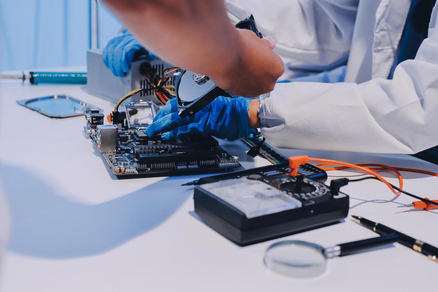 Electronics technician, electronic engineering electronic repair, electronics measuring and testing, repair and maintenance concepts. photo