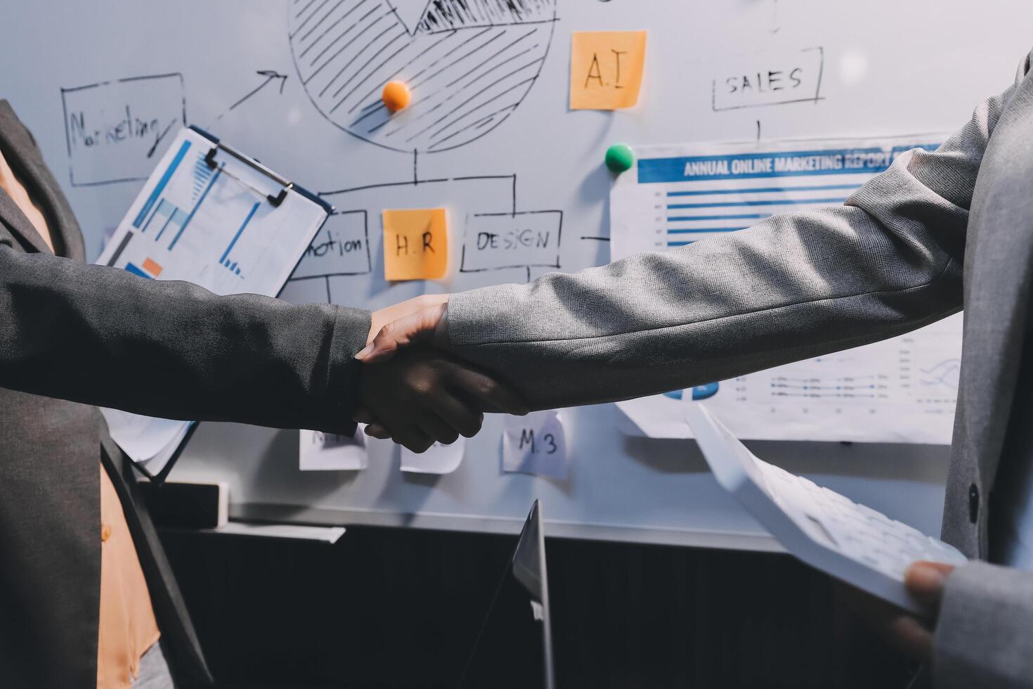 Business handshake for teamwork of business merger and acquisition,successful negotiate,hand shake,two businessman shake hand with partner to celebration partnership and business deal concept photo