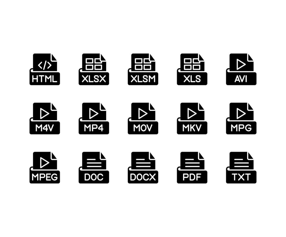 Set of file format or extensions with solid or glyph style vector