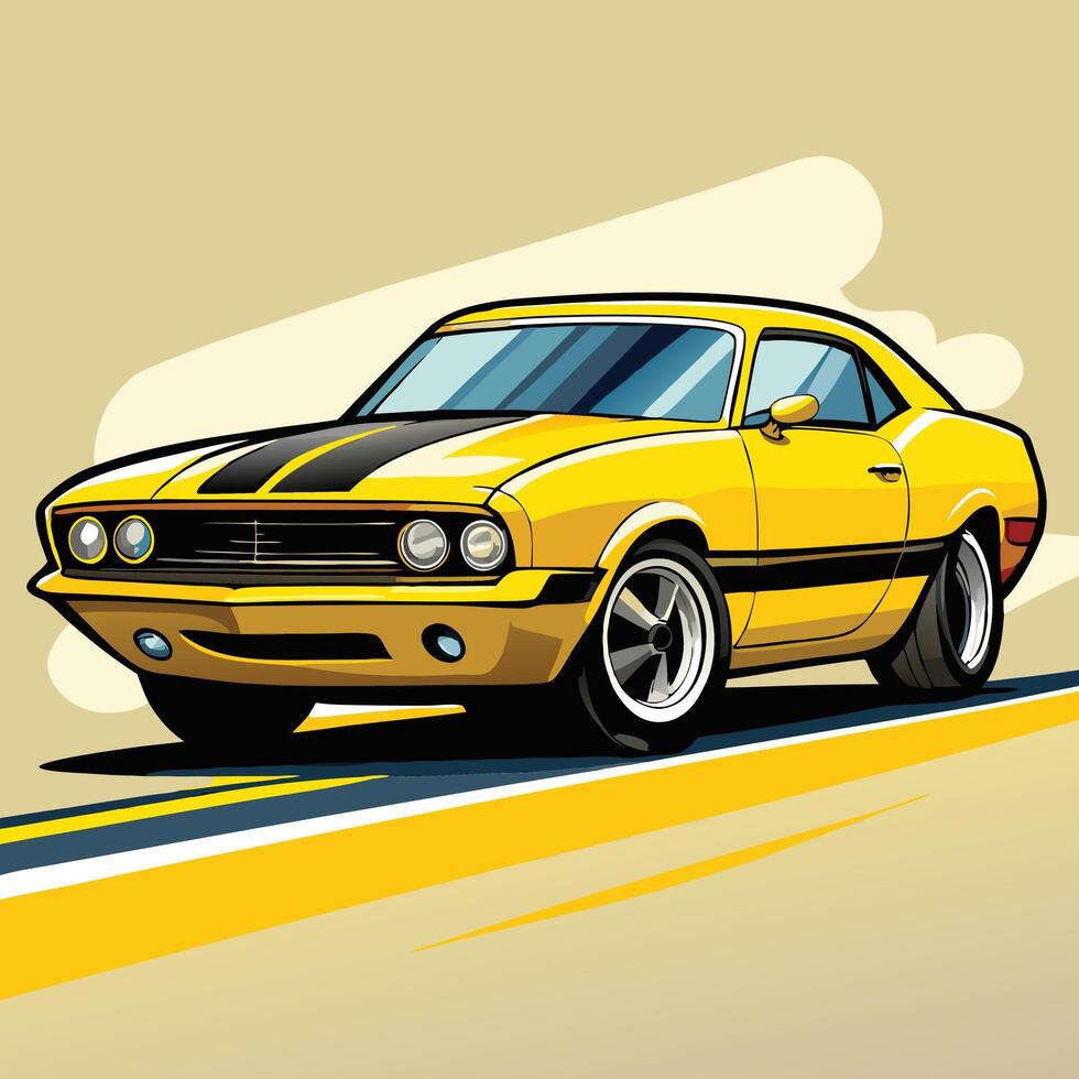 Classic yellow muscle car with bold black racing stripes, driving through a desert scene with cacti and eagles, with a checkered flag in the distance. vector