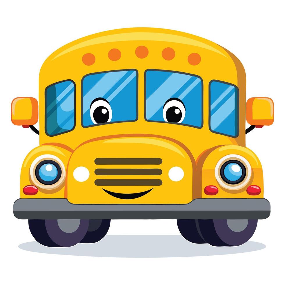 Cartoon illustration of a smiling yellow school bus, big eyes, detailed features, bright colors, vector