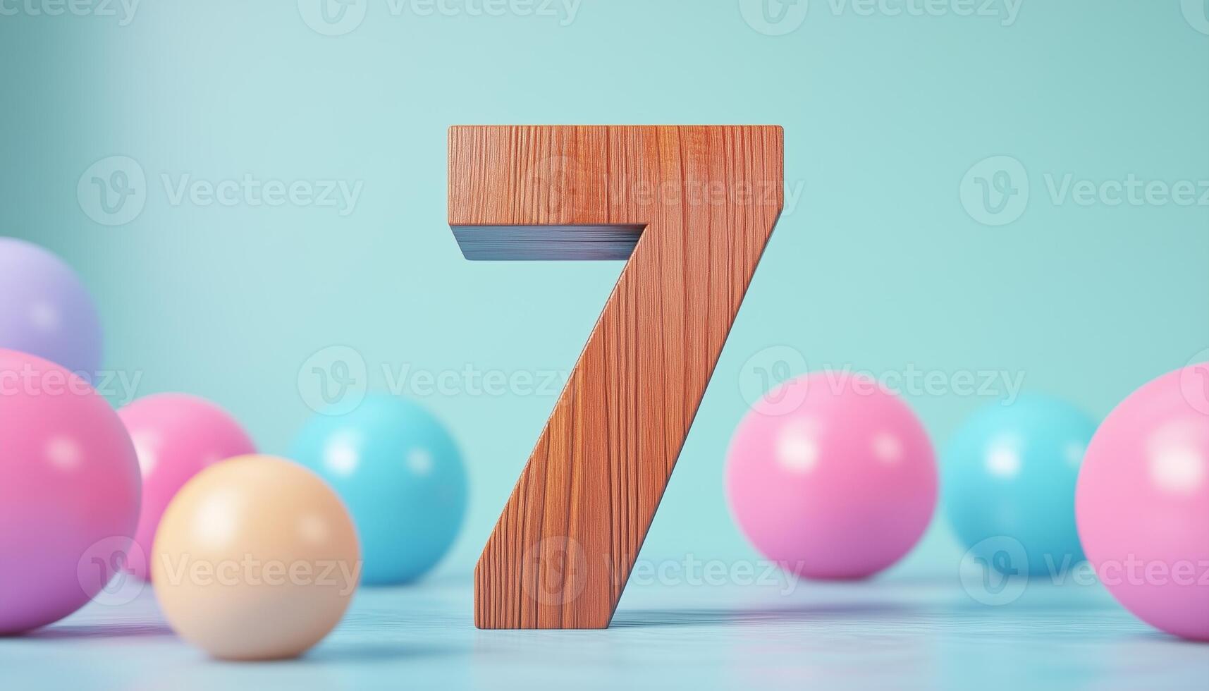 Shape number 7 made from pieces wooden textured in pastel background photo
