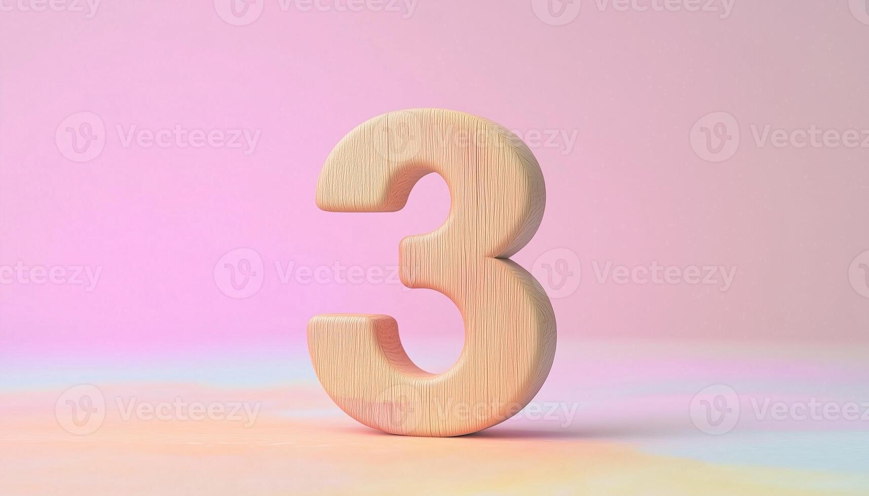 Shape number 3 made from pieces wooden textured in pastel background photo