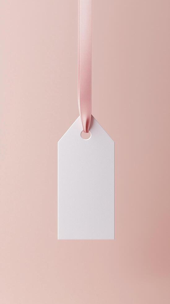 Rectangular white blank paper tag label price tag with hanging rope isolated pink photo
