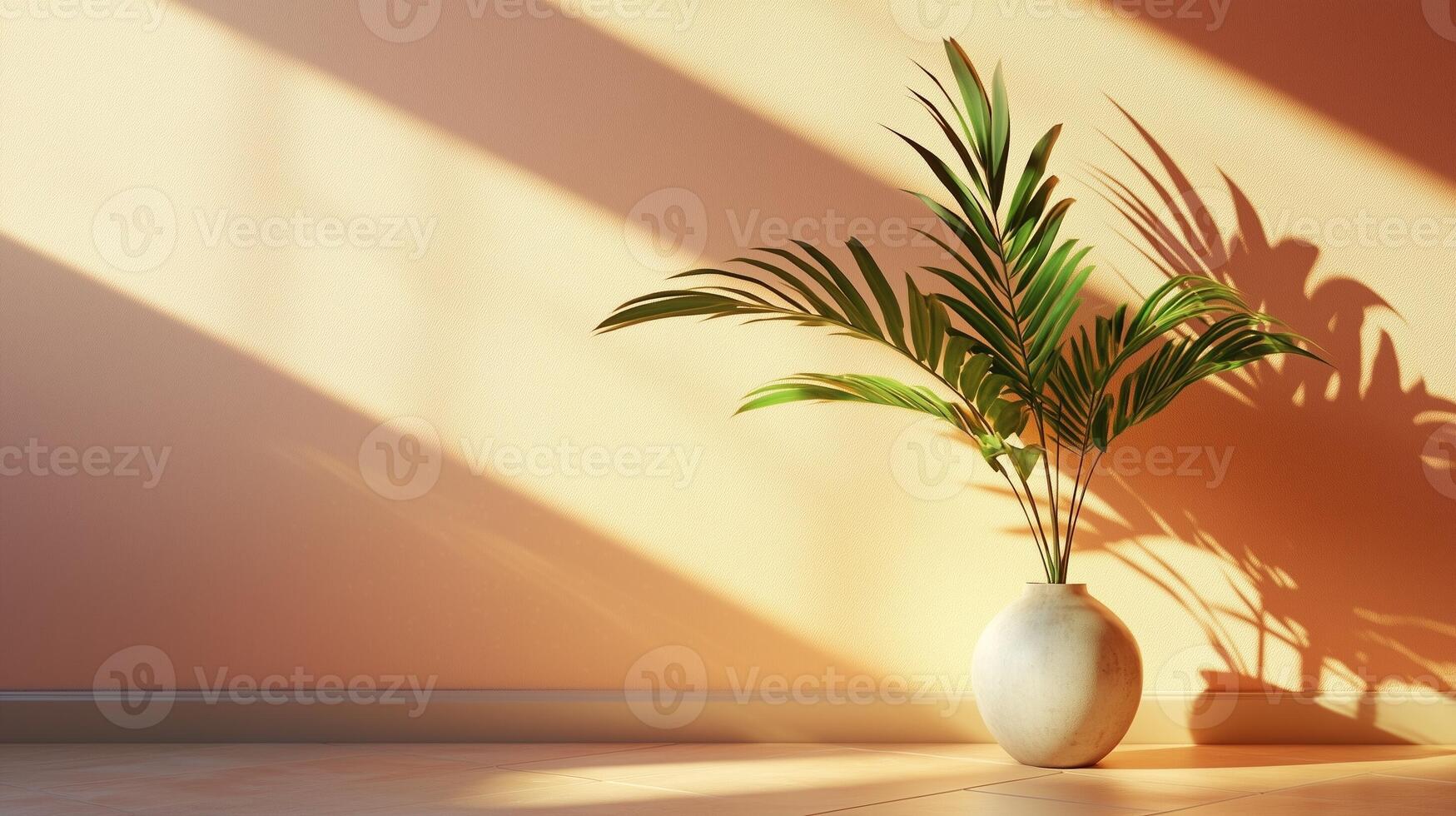 Peach wall cement blank with sun bright shadow from window and pot tree photo