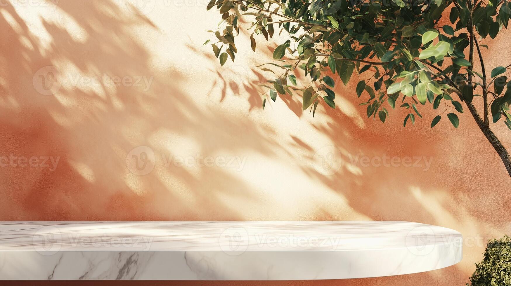 Table top white marble counter copy space cement wall with shadow sunlight from flower vas photo