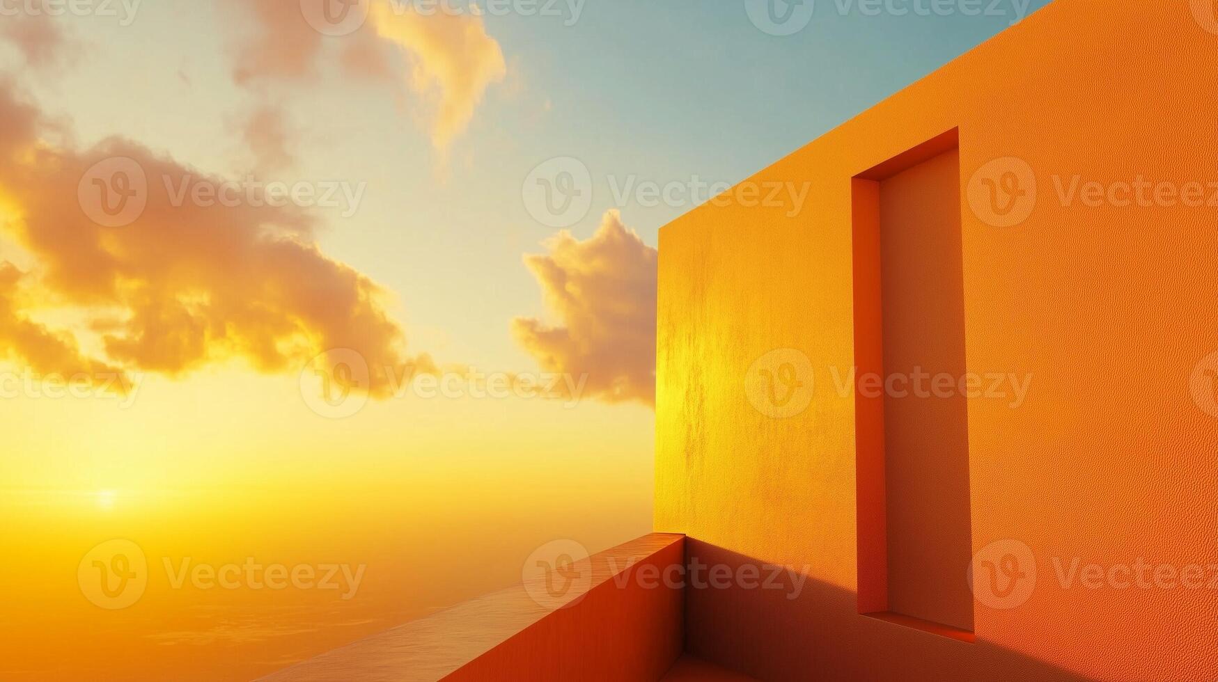 Wall of the building modern architecture futuristic structure with sunset sky photo