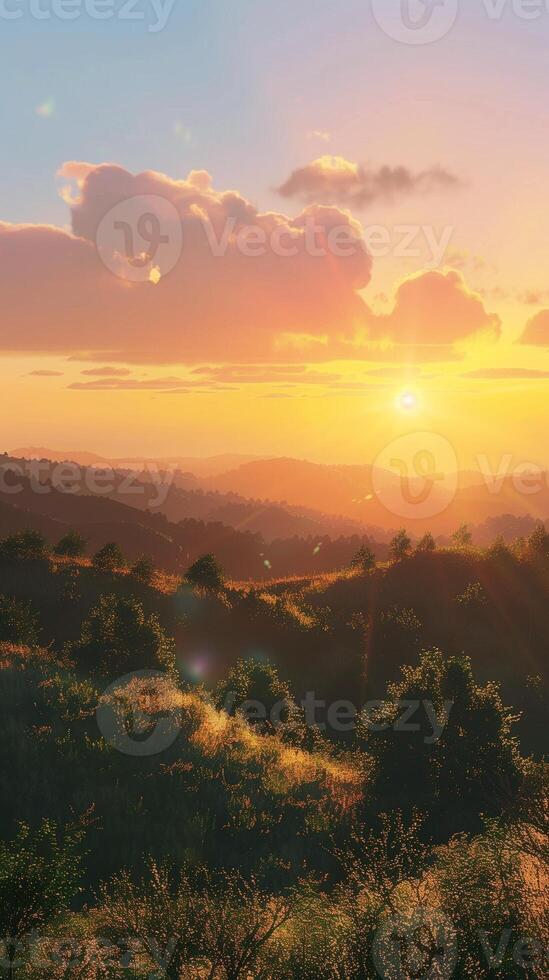 Beauty sunset in hill with grass farm with sun light orange horizon sky story background photo