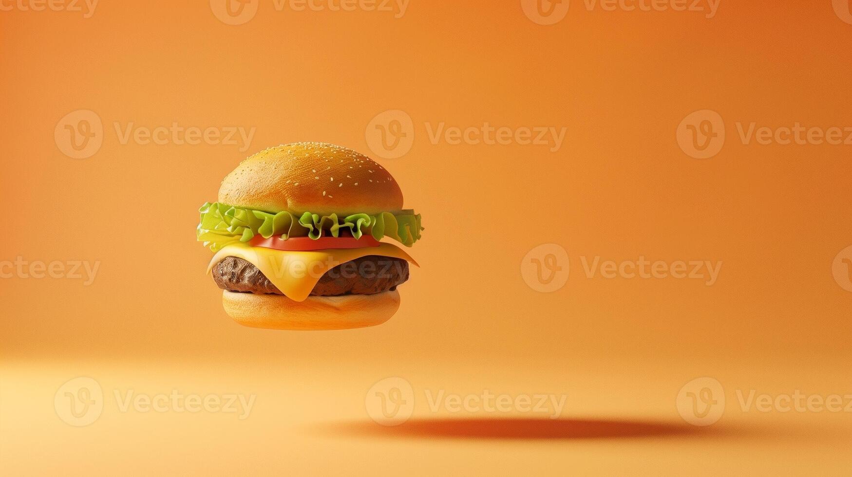 Burger flying with lettuce, cheese, beef, bun bread and chili on yellow background photo