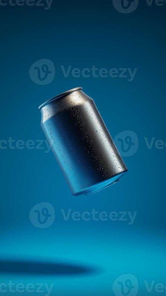 Silver plain soda can fly in water with bubble, liquid cylinder container branding promotion drink photo