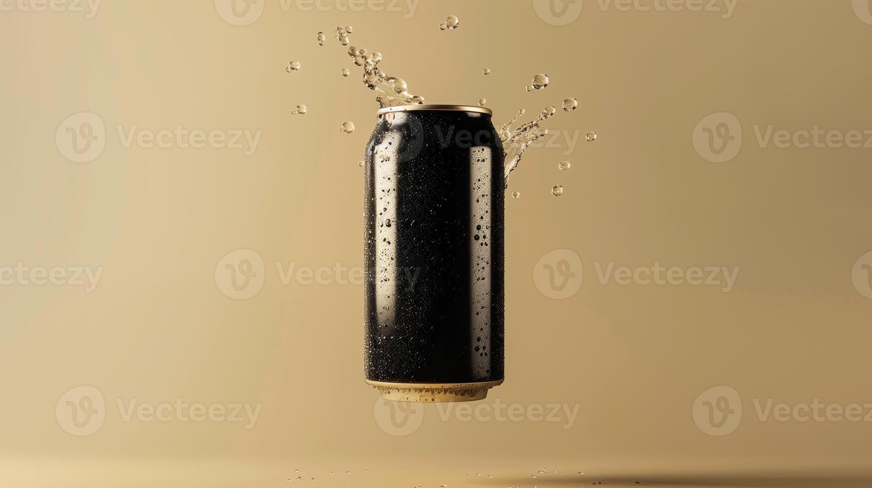 Black plain soda can fly in water with bubble, liquid cylinder container drink photo