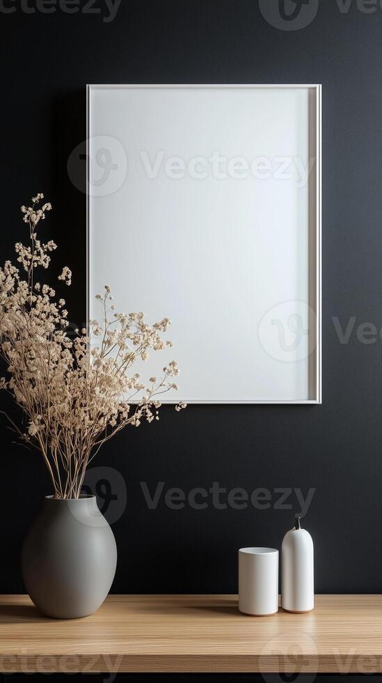 White blank frame mockup and black wall and wooden floor story portrait background photo