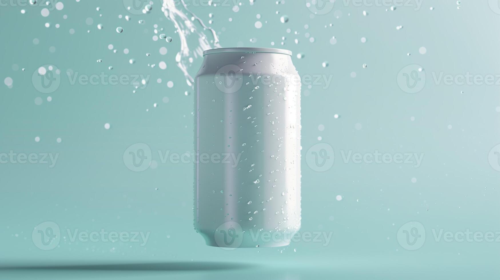 Silver plain can in water with bubble, liquid cylinder container branding promotion drink photo