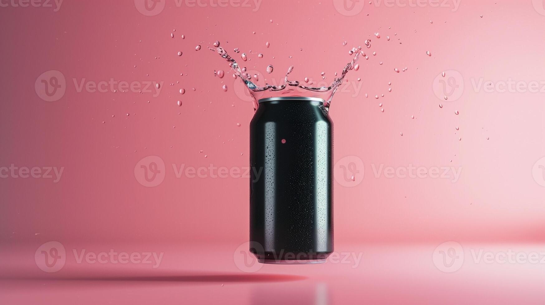 Black plain soda can fly in water with bubble, liquid cylinder container drink photo