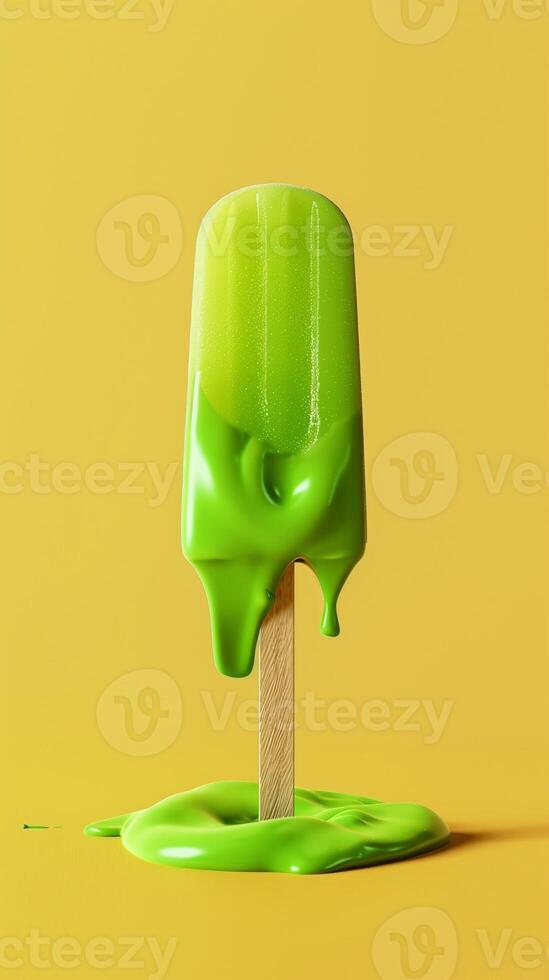 Green cold snack pop sickle ice with wooden stick melted fruity flavor story portrait photo