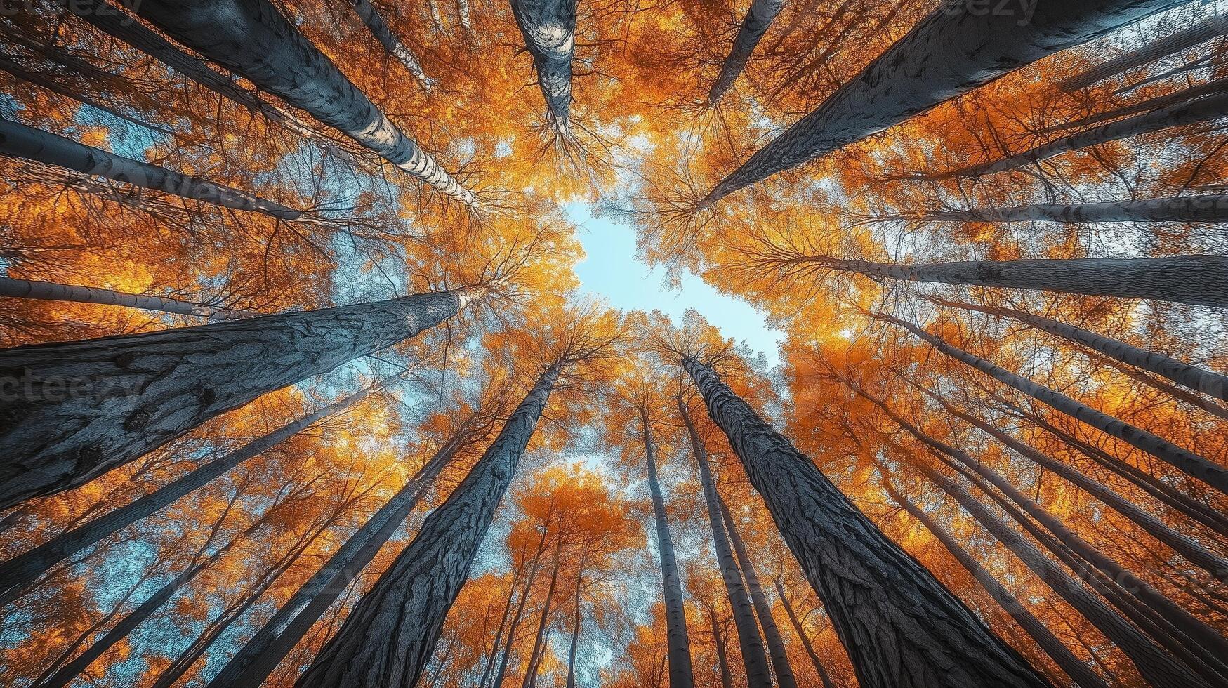 Yellow leaves forest tree tall perspective view from lower with sun light nature environment photo