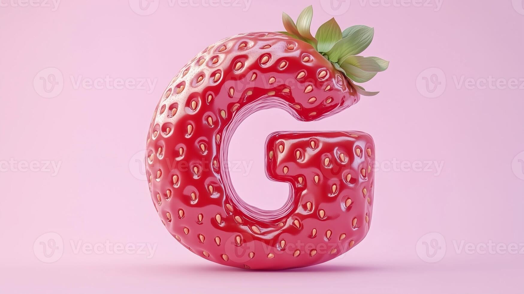 The letter G is framed by a red strawberry textured fruit for kids on solid background photo