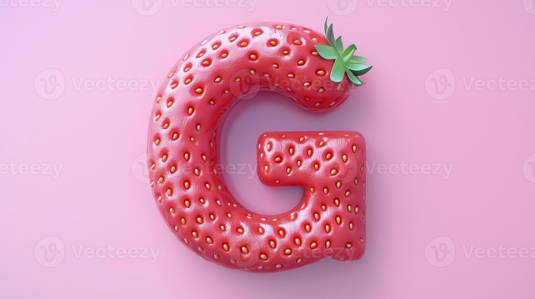 The letter G is framed by a red strawberry textured fruit for kids on solid background photo