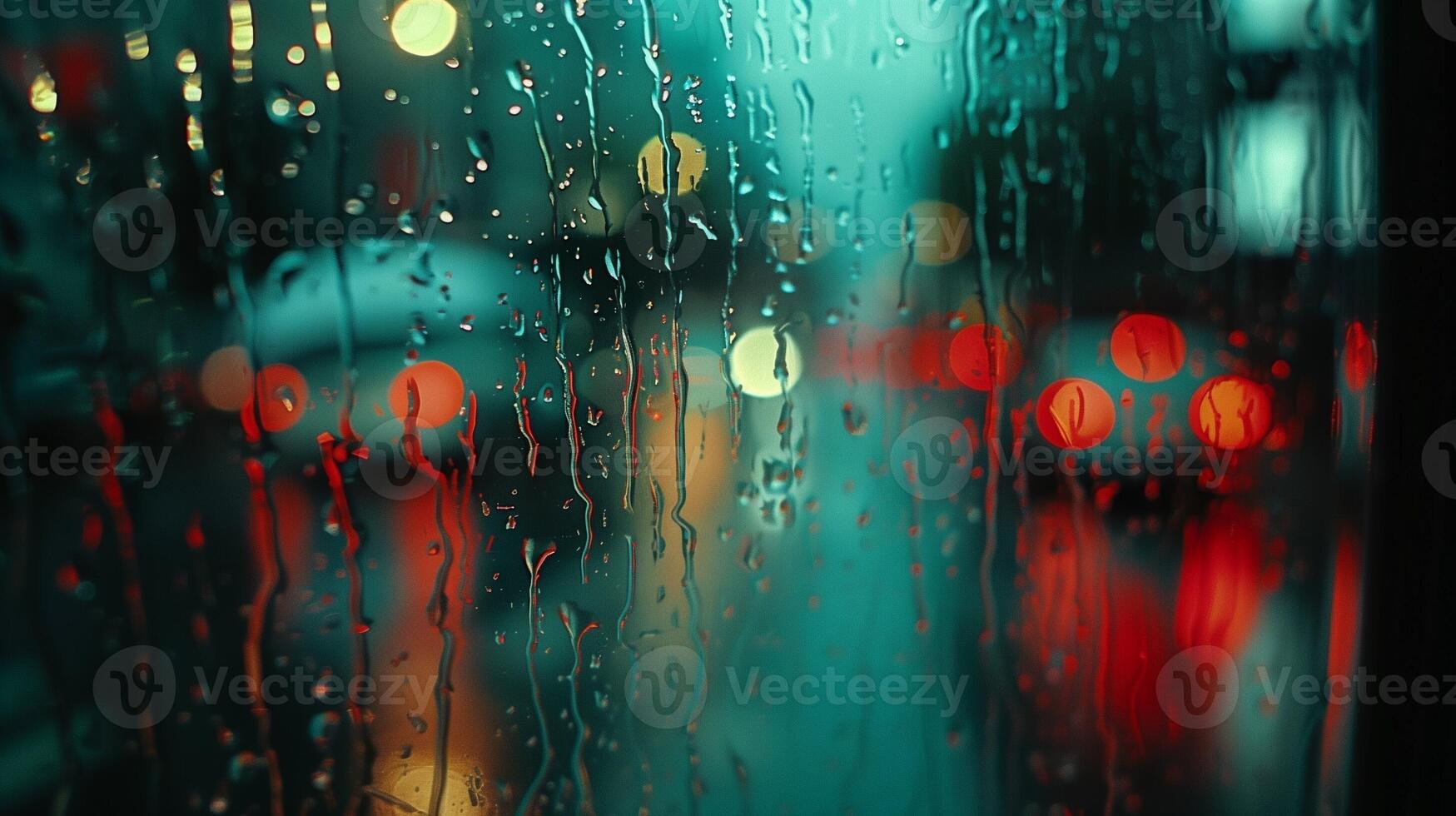 Rain falling blurred from glass window car light lamp on street bokek effect photo