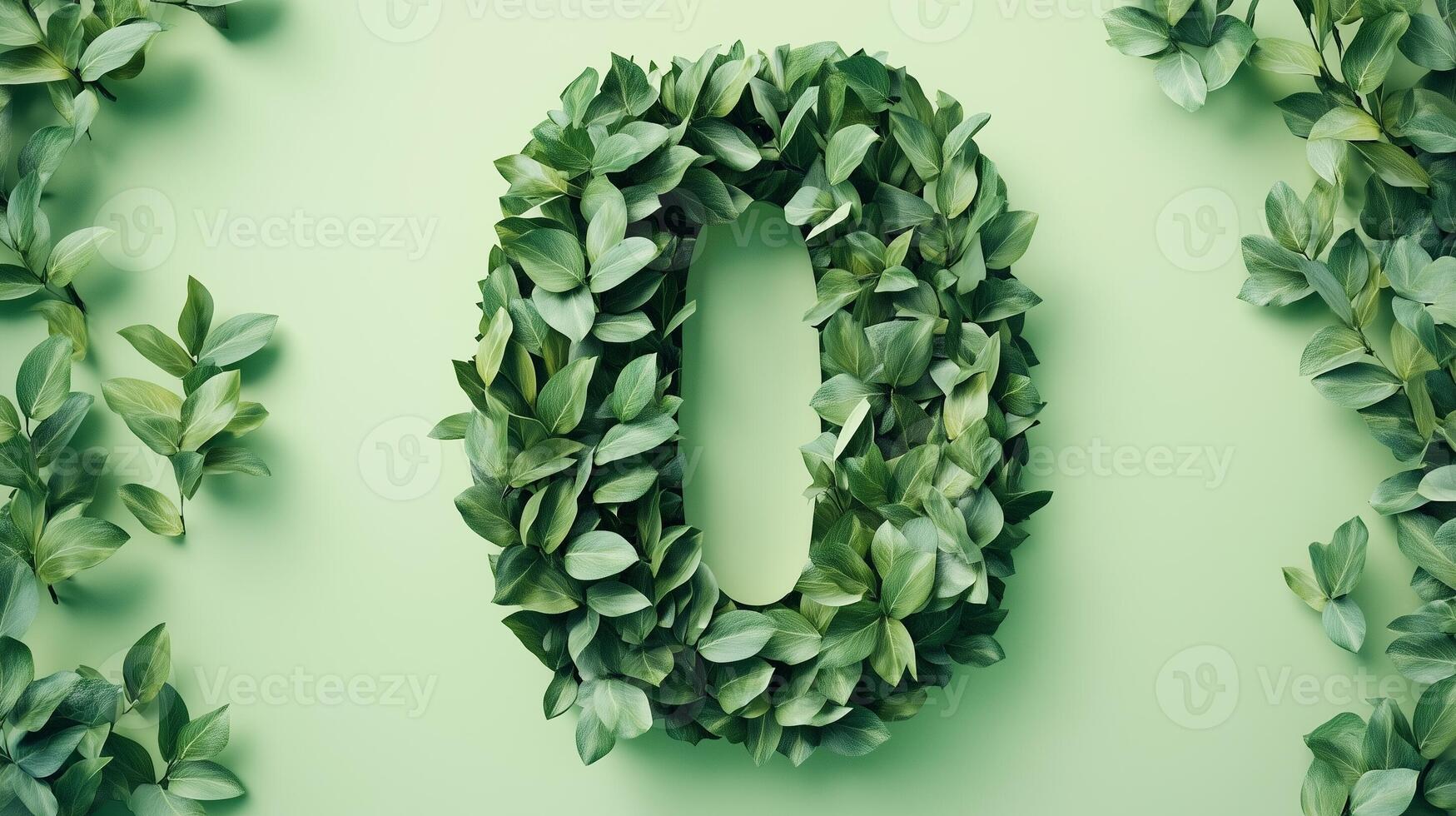 The number 0 is framed by a series of green leaves solid background photo