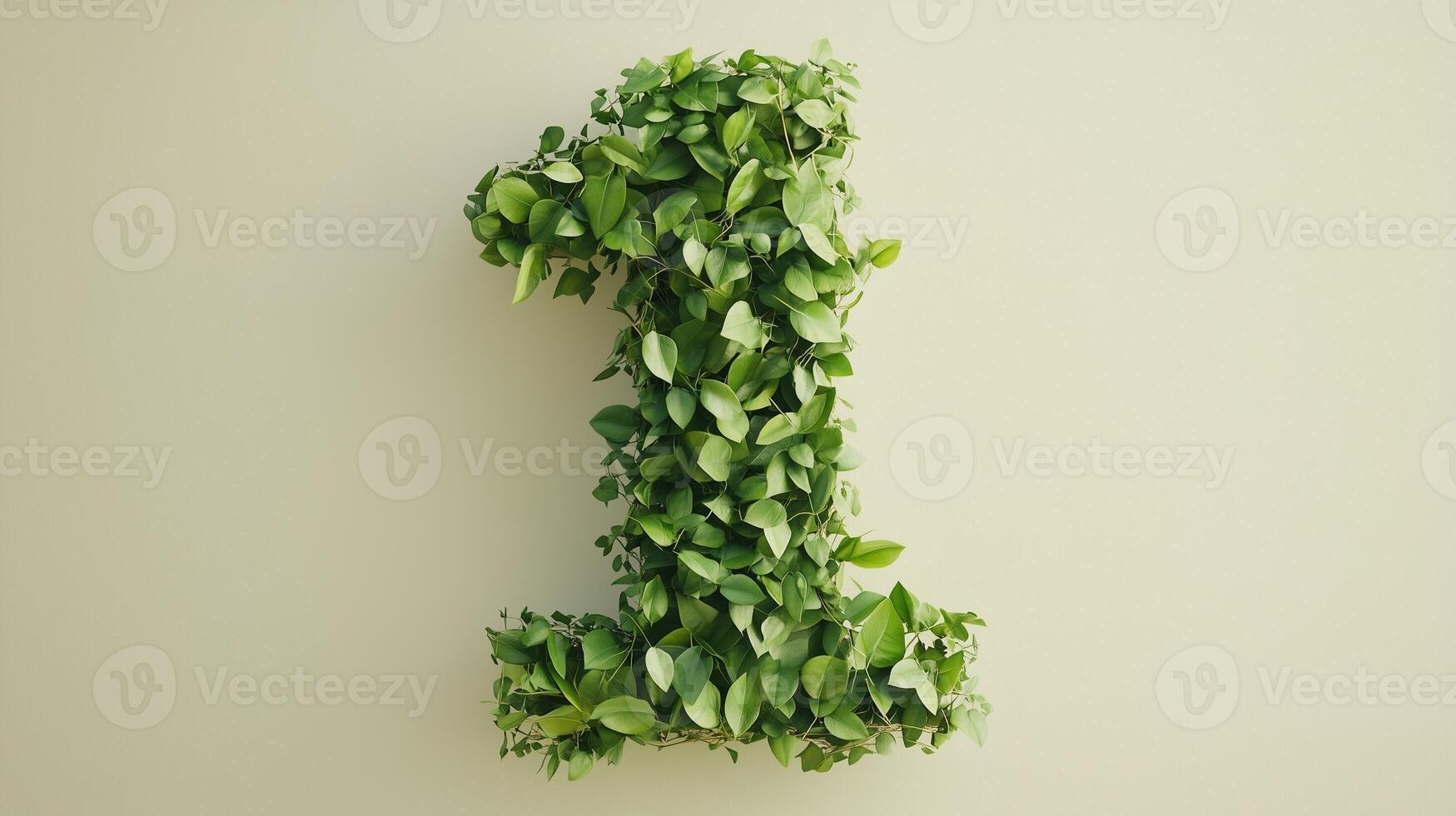 The number 1 is framed by a series of green leaves solid background photo