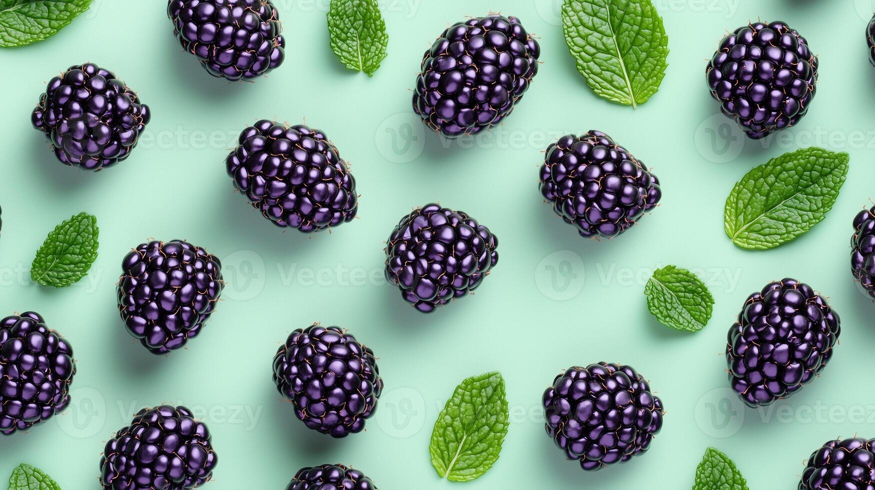 Blackberry and fresh mint leaves arranged pattern seamless diagonal layout photo