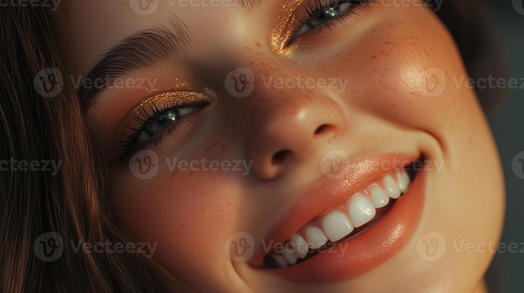 Young female closeup face makeup gold eye shadow and pink matte lipstick photo