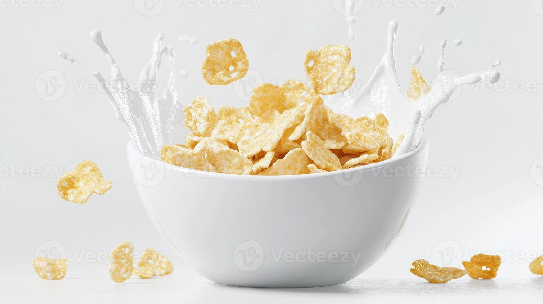 Corn flakes with milk cereal for breakfast on white bowl with splashing milk photo