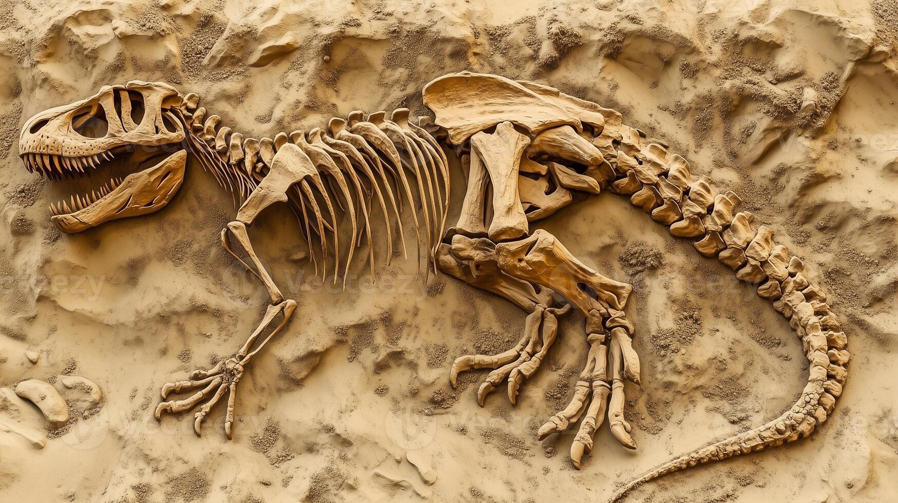 Tyrannosaurus, fossil skeleton imprint on ground soil rock study research photo