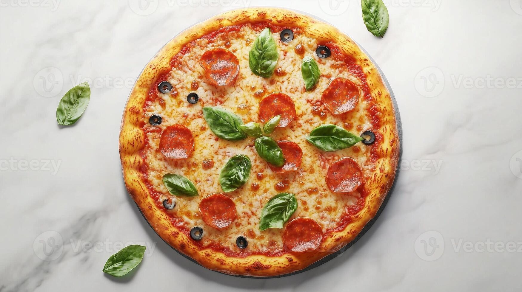 Gluten free pizza with mint leaves, cheese, sausage and gluten free flour for healthy food photo