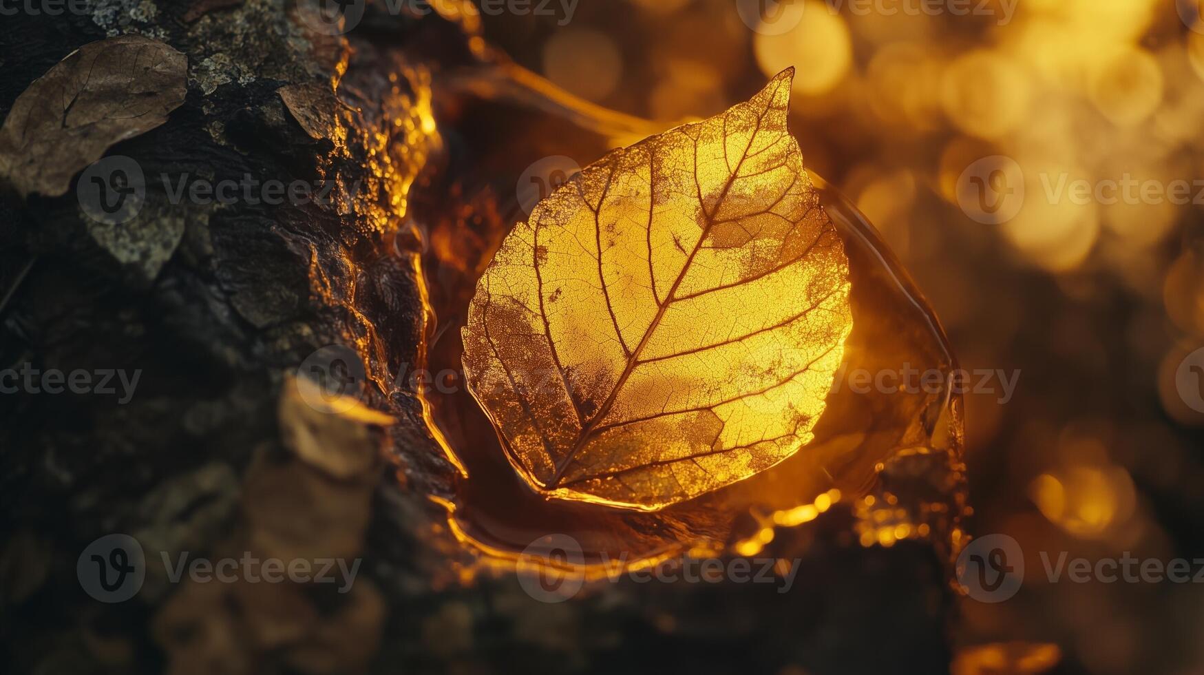 Leaf trapped on sap tree make a amber fossilization on tree tunk photo
