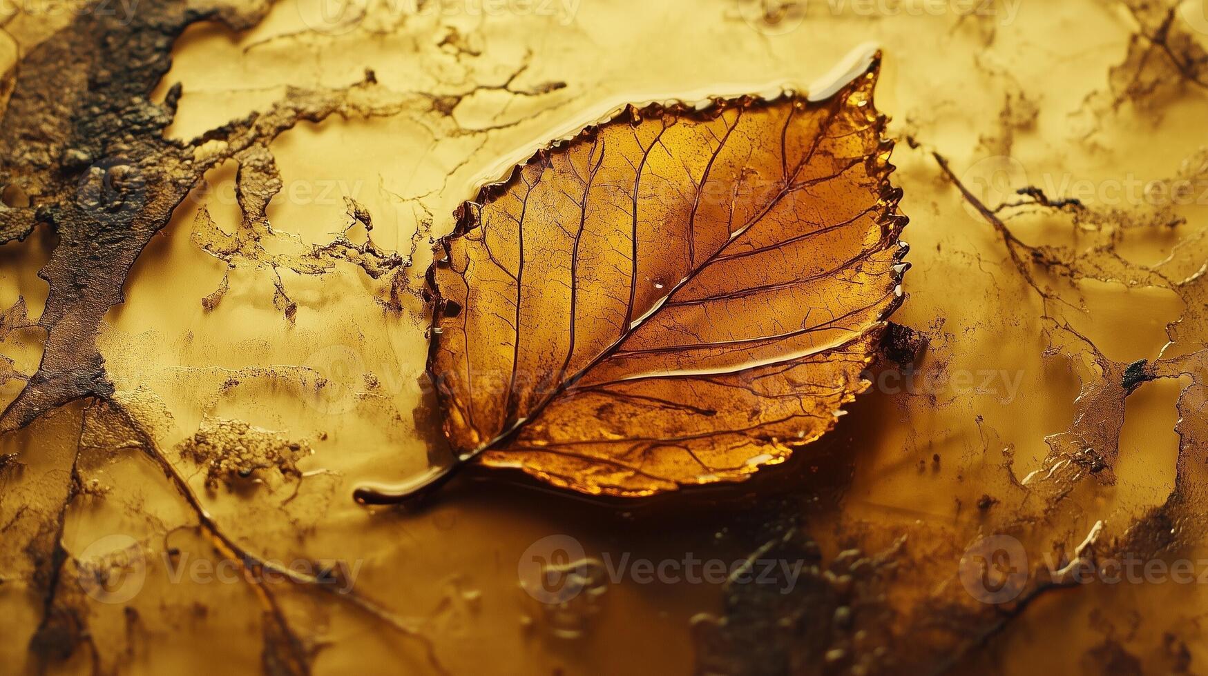 Yellow brown leaf dried falling from tree to soil ground on park or forest photo