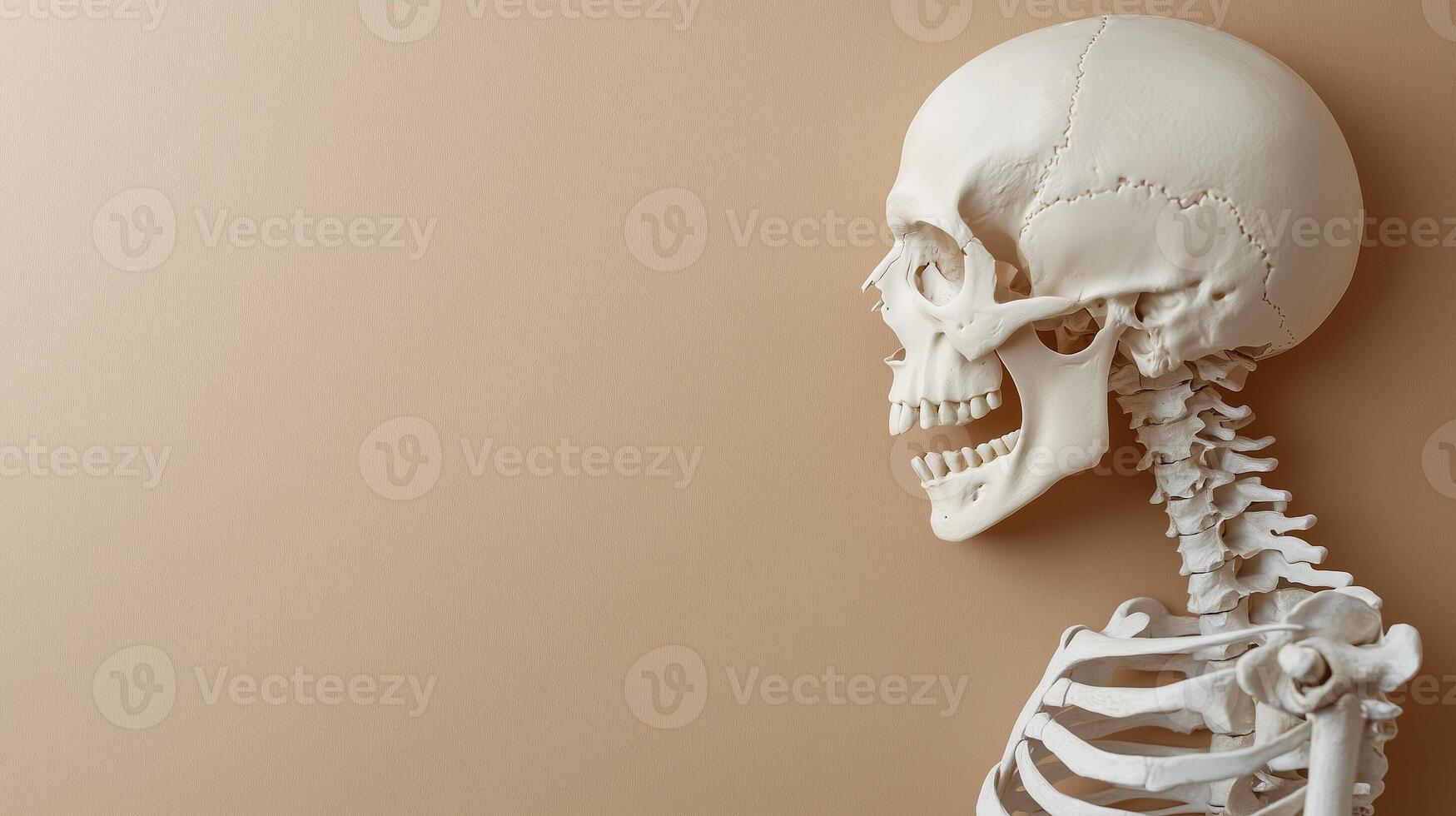 Skeleton head, chest, neck and shoulder of human from side view copy space white background photo