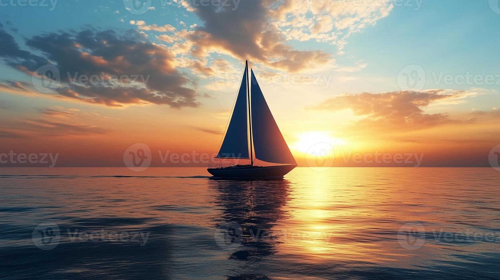 Silhouette boat sail in ocean with sunset sky and horizon line photo