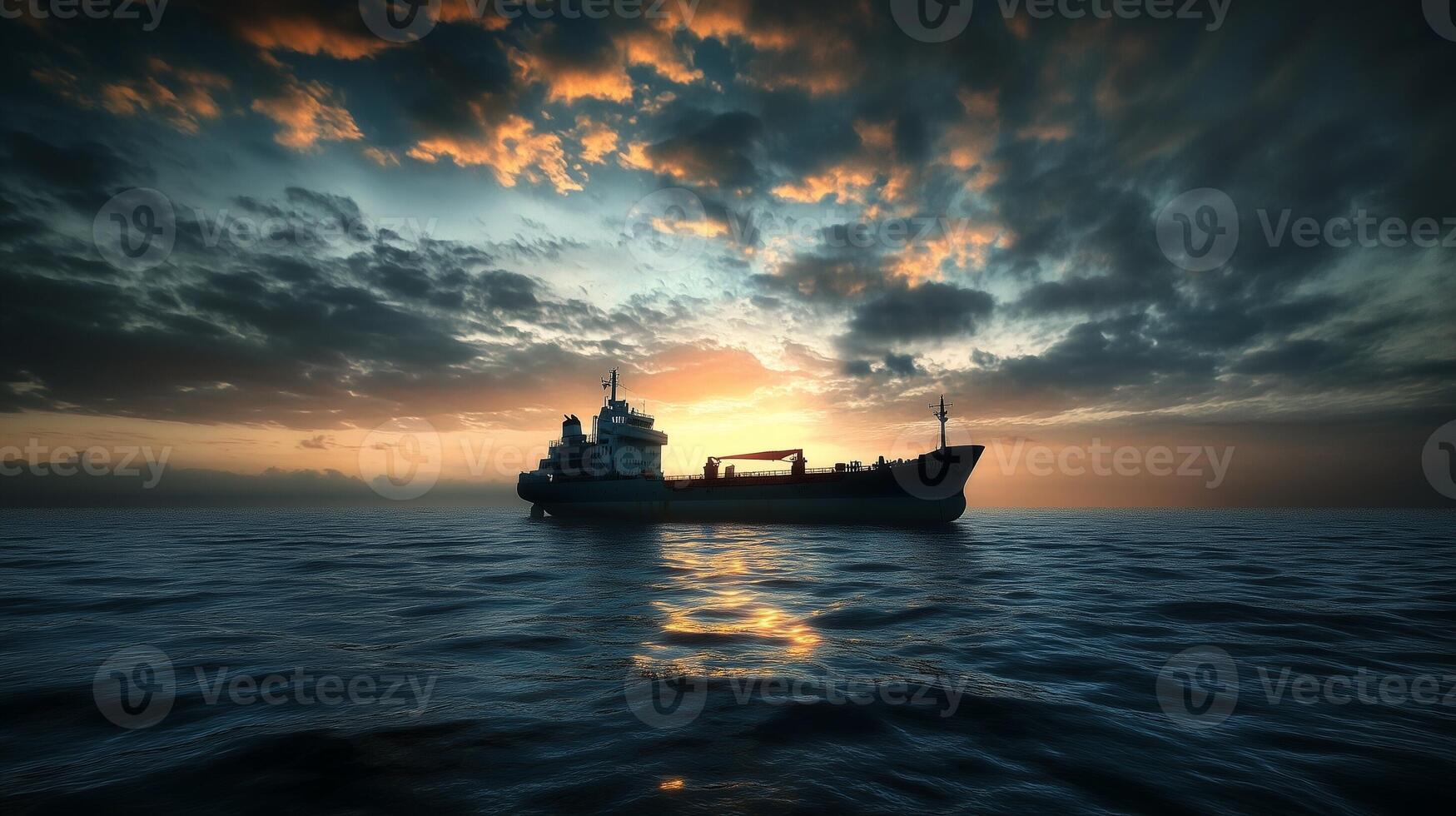 Silhouette ship in ocean with sunset sky, cloud and horizon line photo
