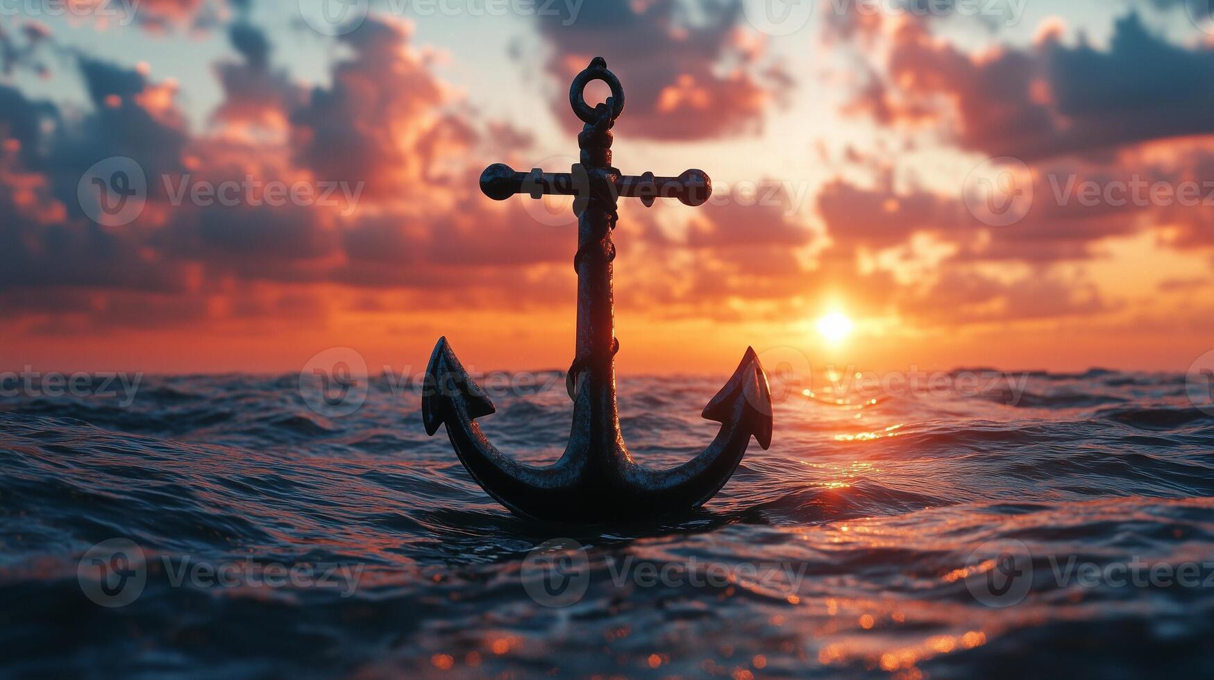 Iron anchor of marine ship in ocean water protection equipment with sunset sky photo