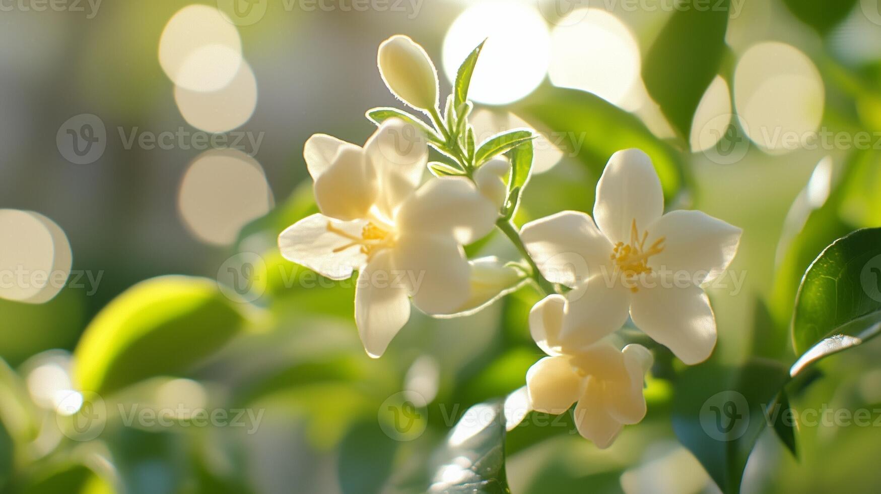 Jasmine white beauty macro flower vibrant color with sun light photo