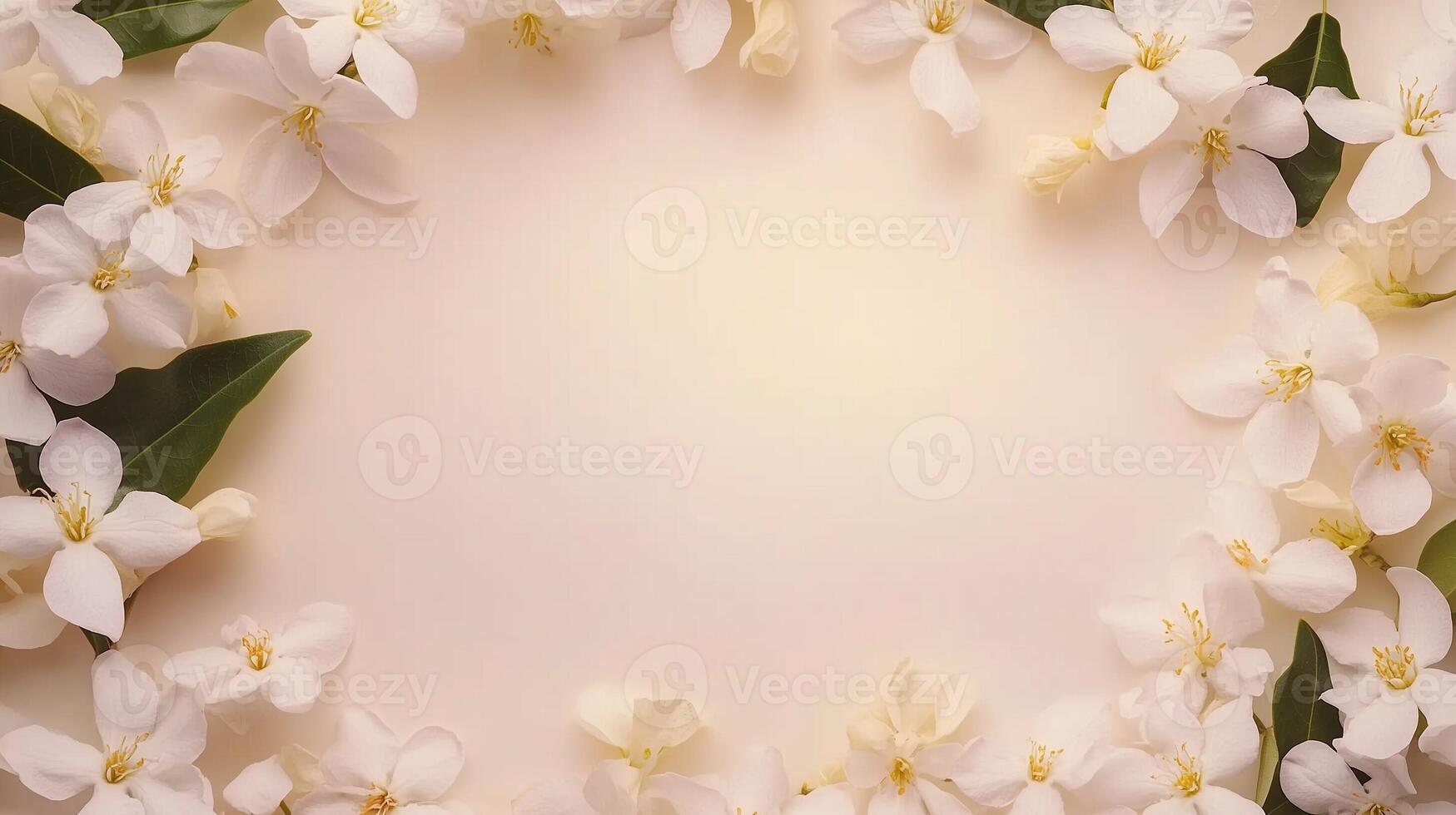 Jasmine white flower and leaves rounded frame blank center space nature background photo