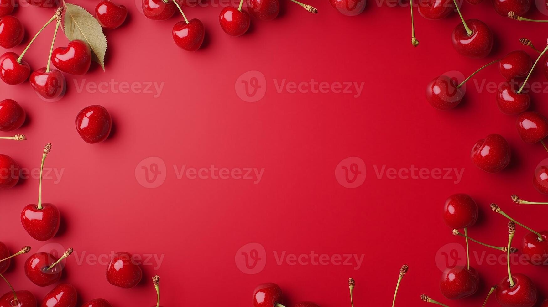 Cherry fruit rounded frame blank center copy space red background photo