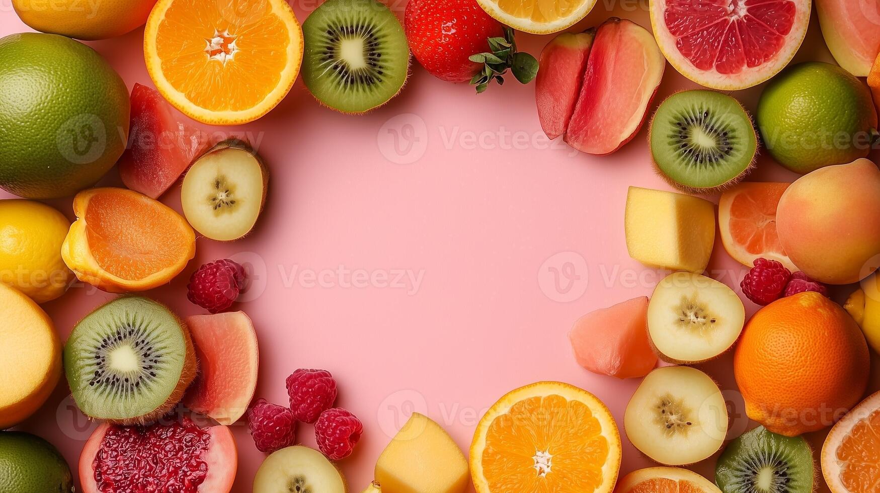 Various fruits of kiwi, orange, grapefruit, lemon and other rounded frame photo