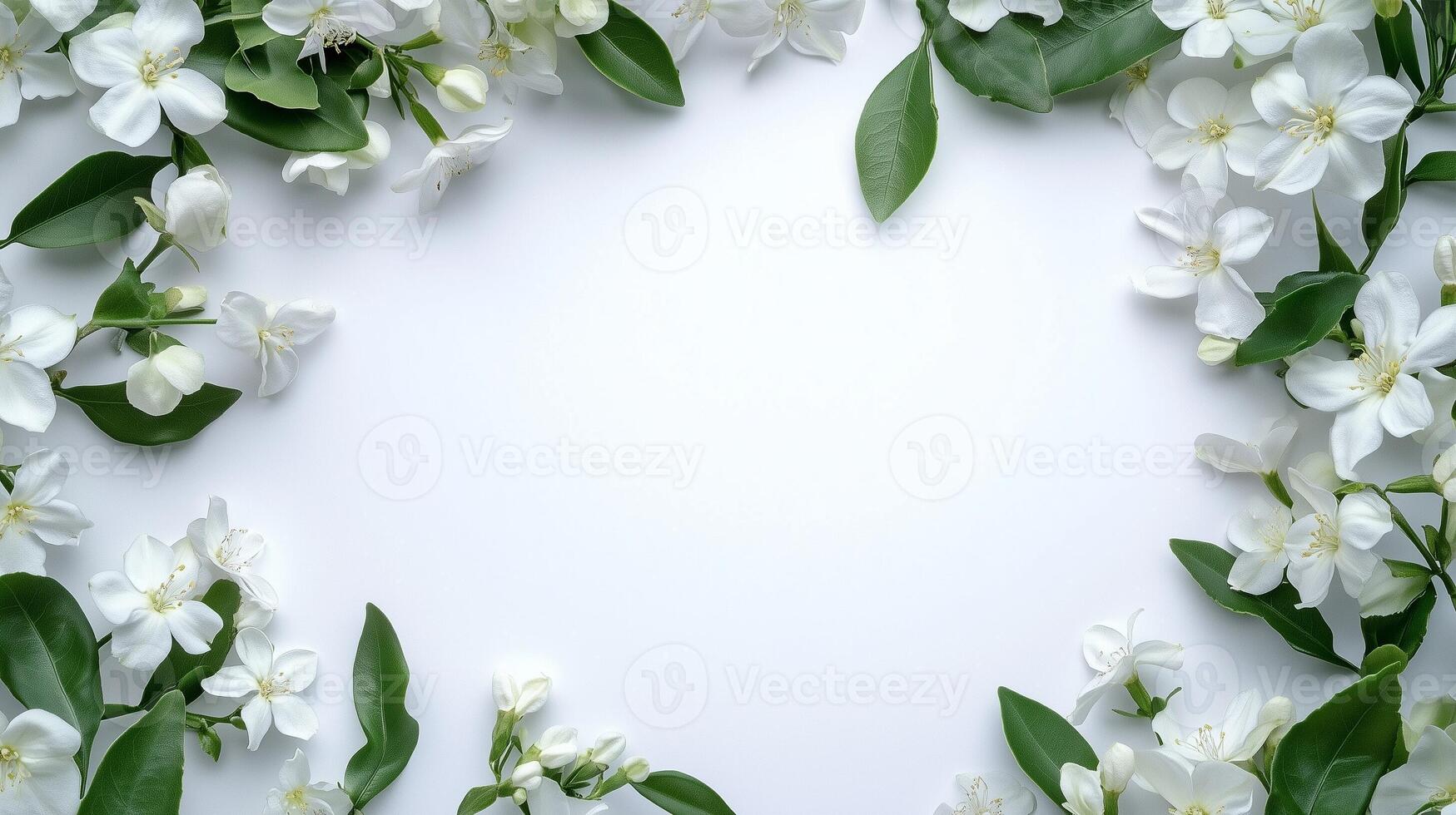 Jasmine white flower and leaves rounded frame blank center space nature background photo