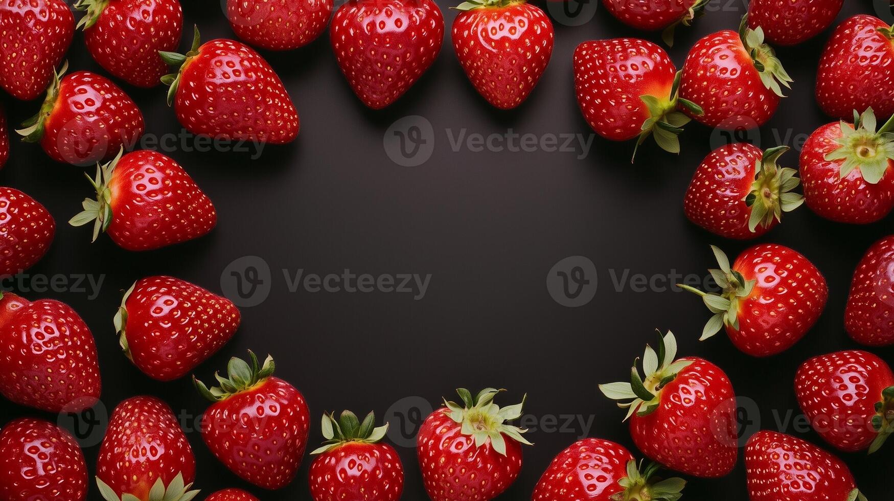 Strawberry fruit fresh organic botanical harvesting real food border frame empty center black background photo