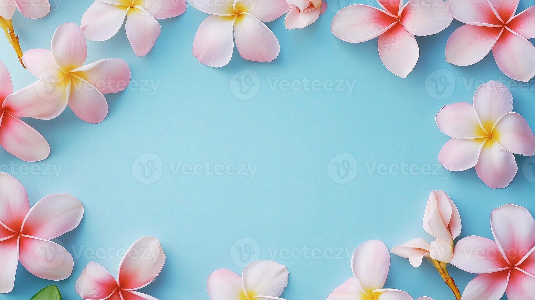 Plumeria flower and leaves rounded frame blank center space nature background photo