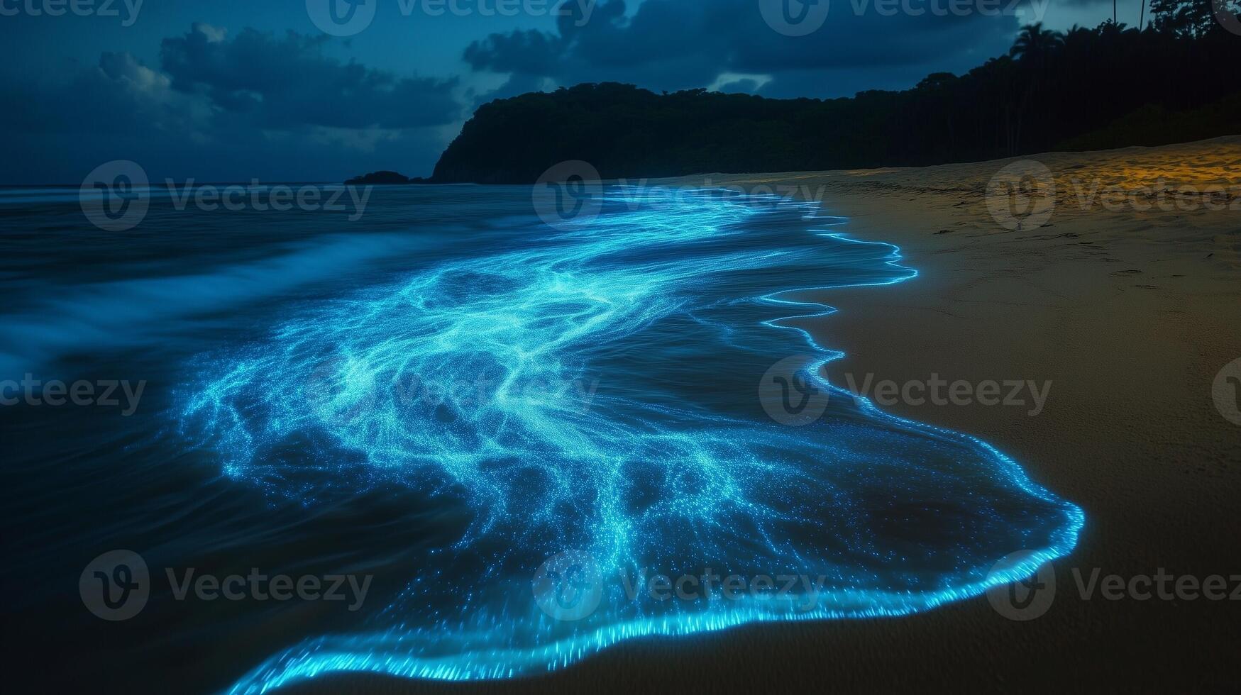 Blue light glow in the dark on beach water line best travel nature view photo
