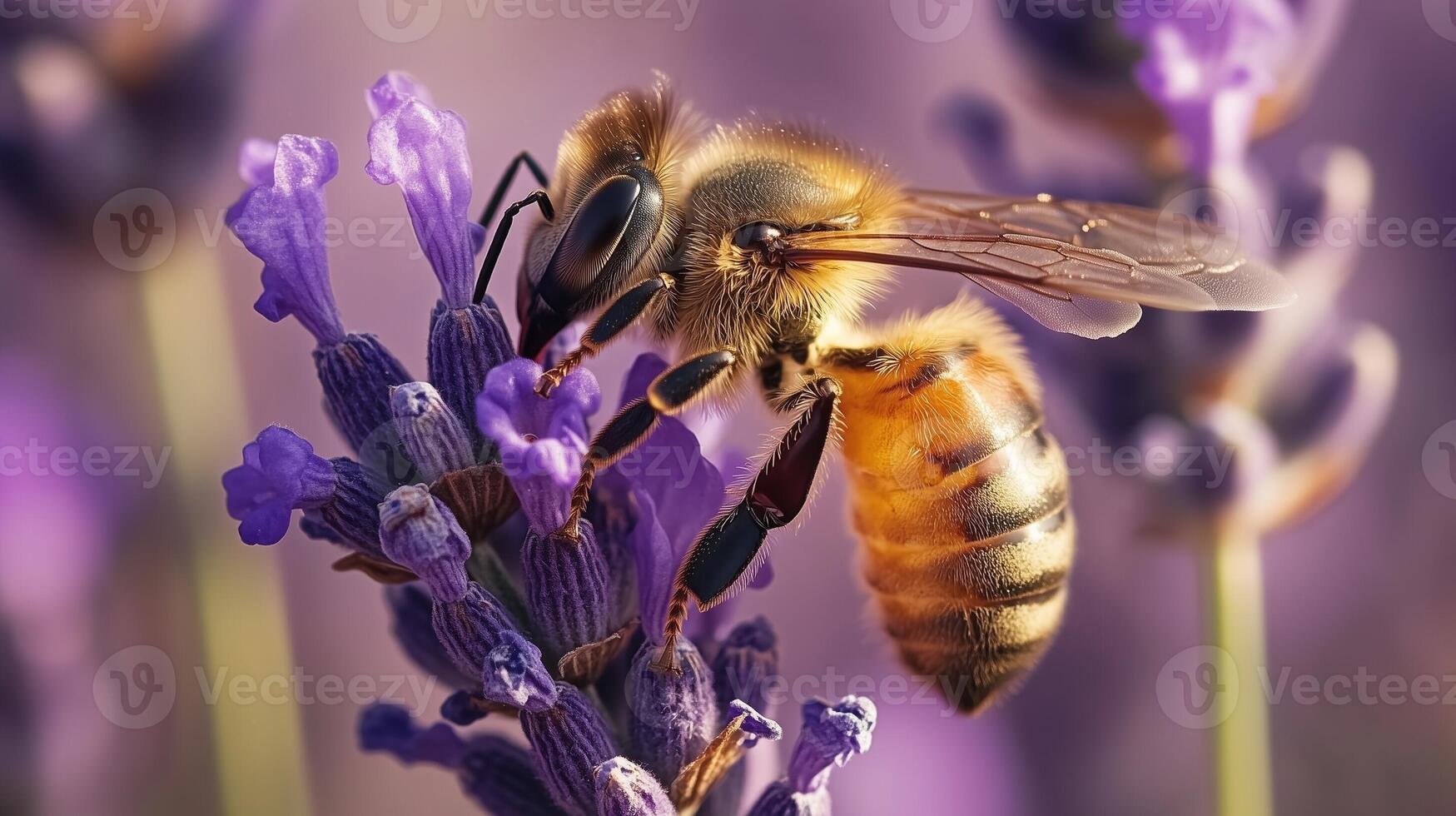 Honeybee macro dragonfly perched on a lavender flower with blurred background photo