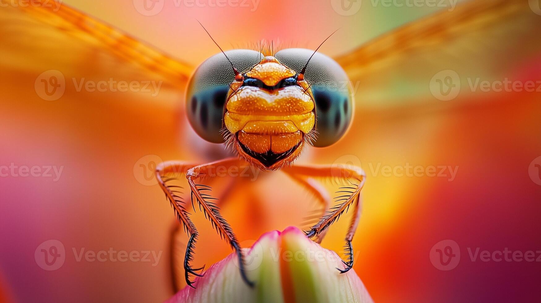 Closeup macro dragonfly perched on a flower with blurred background photo