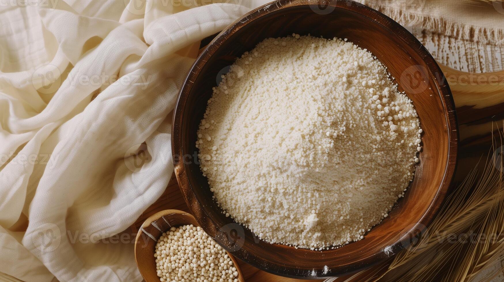 Millet flour on wooden bowl flat lay healthy organic ingredient photo